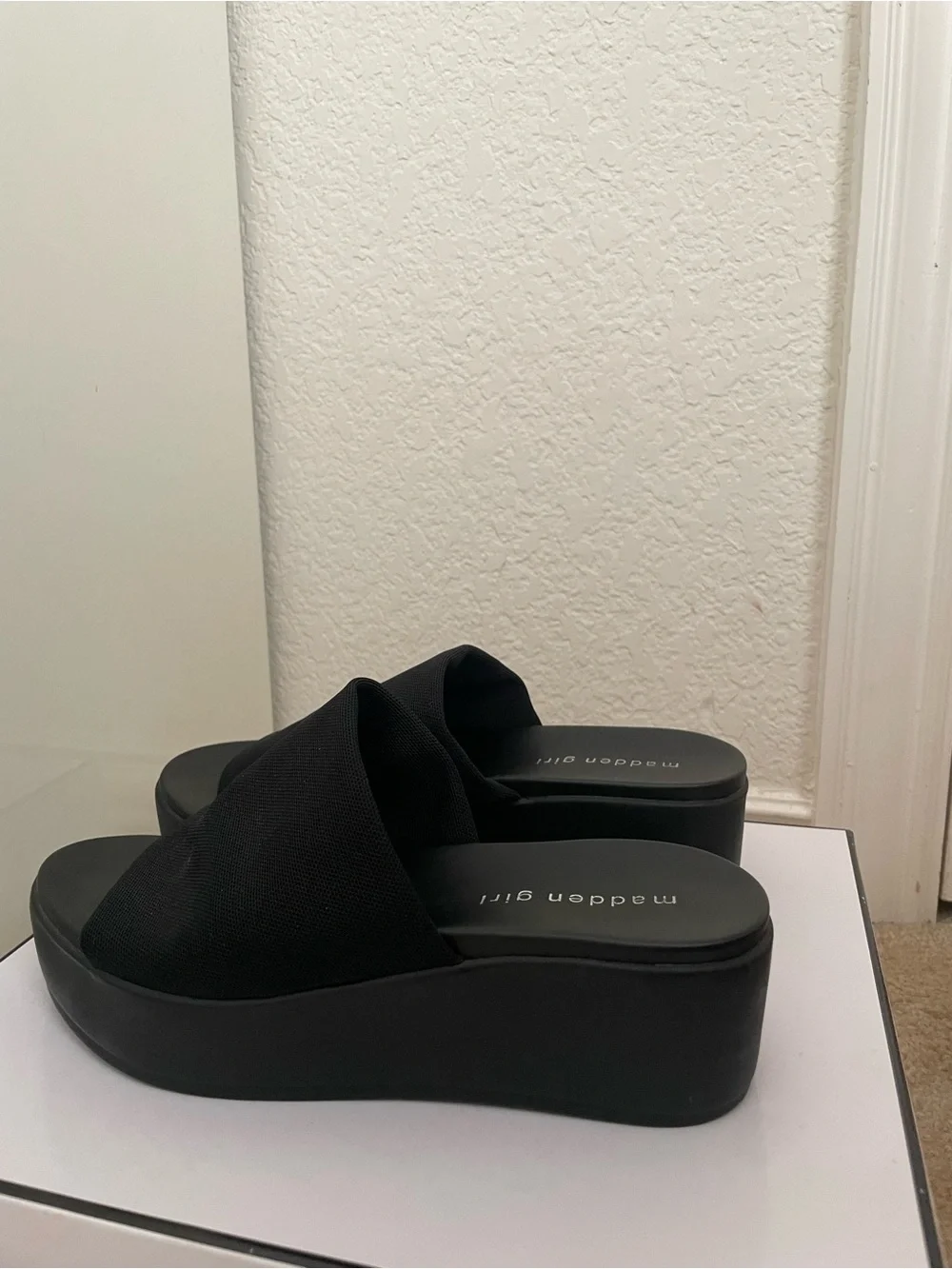Madden Girl Black Chunky Platform Slide Sandals